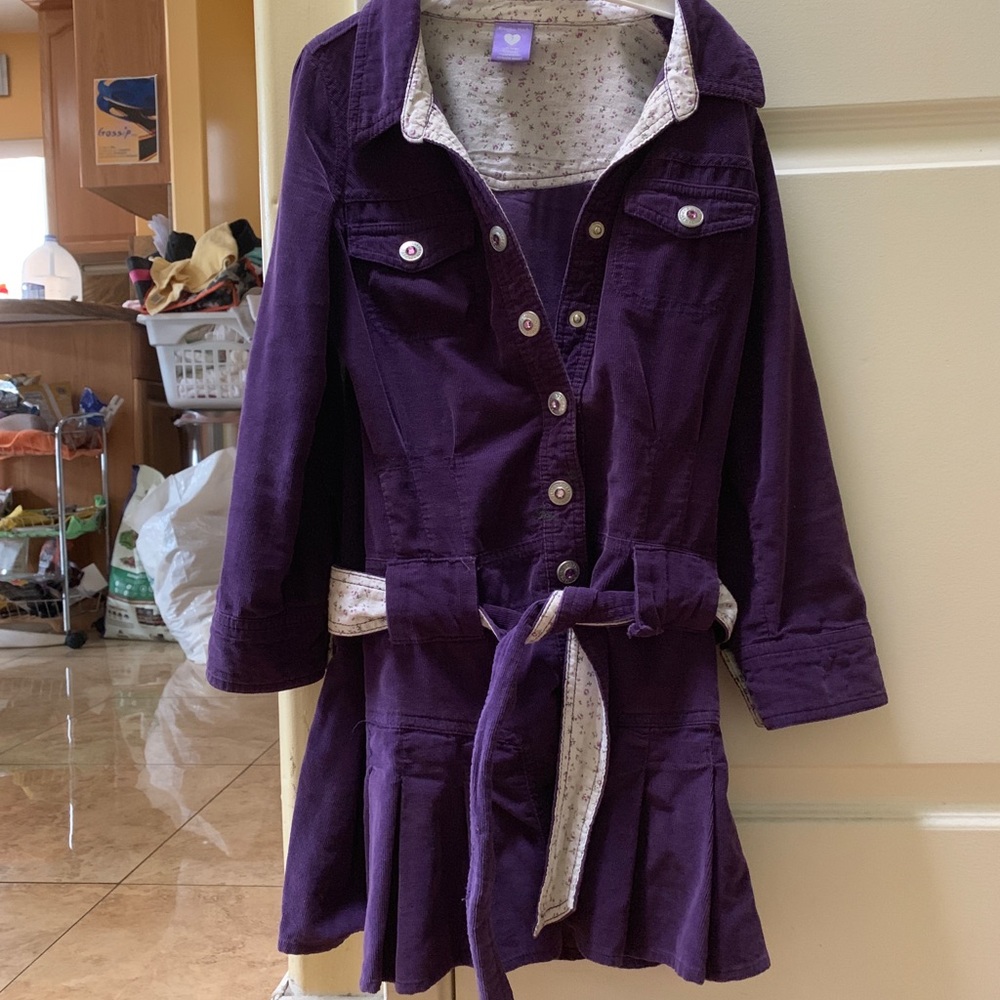 A purple dress with silver buttons and belt